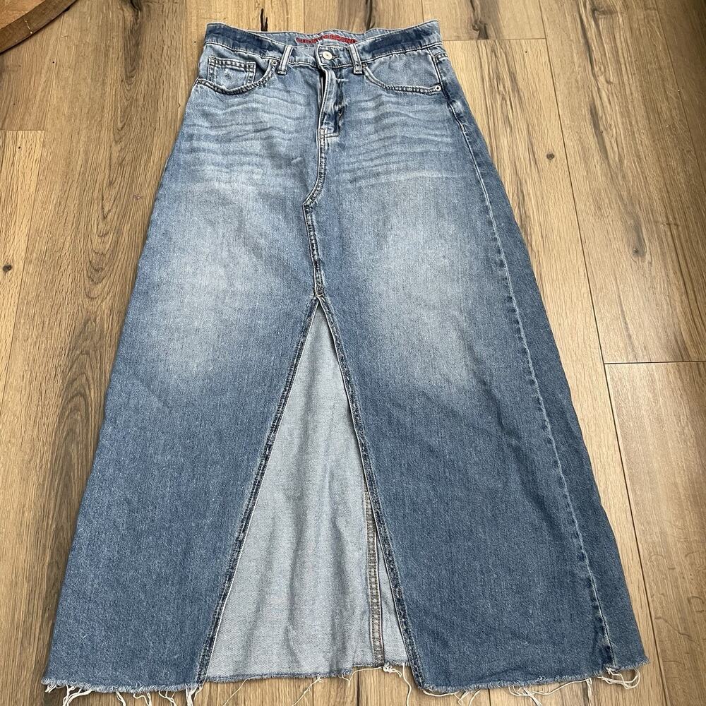 Lucky Brand Size 27 4 Light Wash Blue Denim Front Slit Maxi Skirt Boho Jean